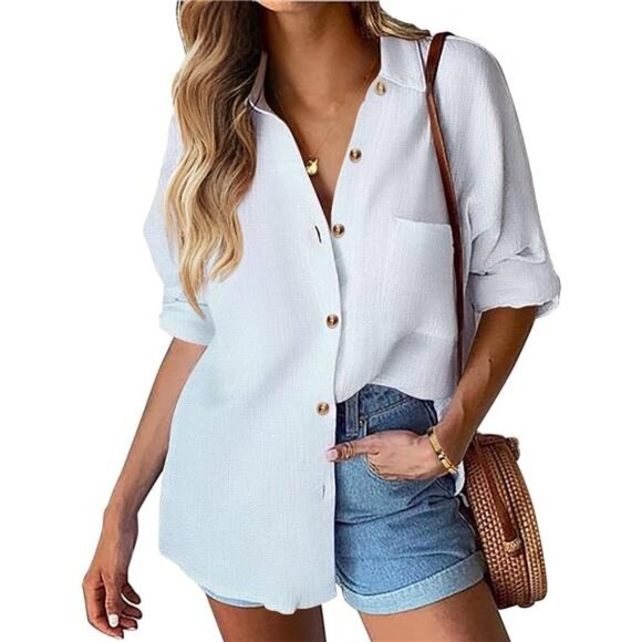 Women's Cotton Button Down Shirt Long Sleeve Casual Loose Fit Linen Work Blouse - Picture 1 of 7